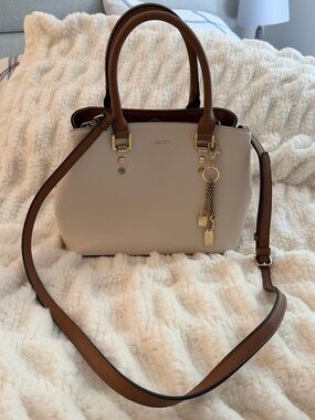 ALDO Cream and Brown Dual-Handle Satchel with Gold Chain Charm